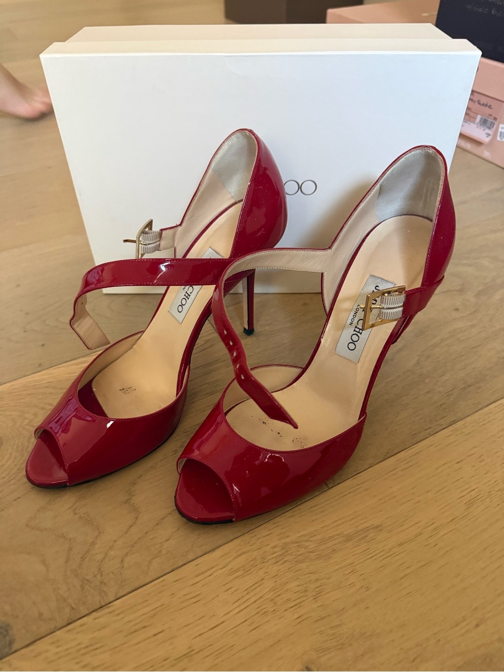 Jimmy Choo Red Patent Leather Open-Toe Ankle-Strap Heels